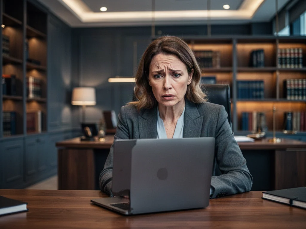 Zaniepokojona kobieta patrząca na ekran laptopa w profesjonalnym biurze, symbolizująca stres związany z zajęciem konta.