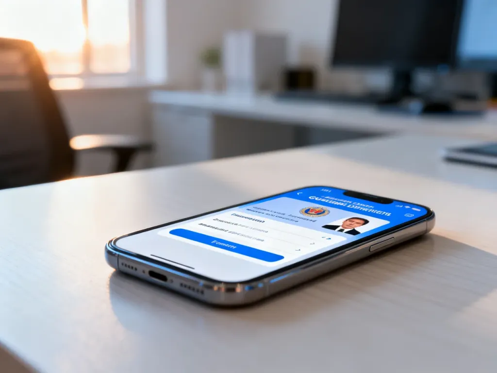 Smartfon z otwartym portalem rządowym na drewnianym biurku, symbolizujący proces składania wniosku o dowód osobisty online.