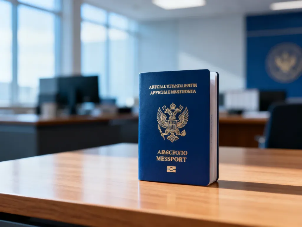 Biometryczny paszport ukraiński leżący na drewnianym biurku w urzędzie.