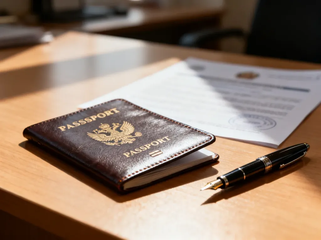 Skórzany paszport leżący na biurku obok pióra, symbolizujący przygotowania do wyjazdu i formalności urzędowe.