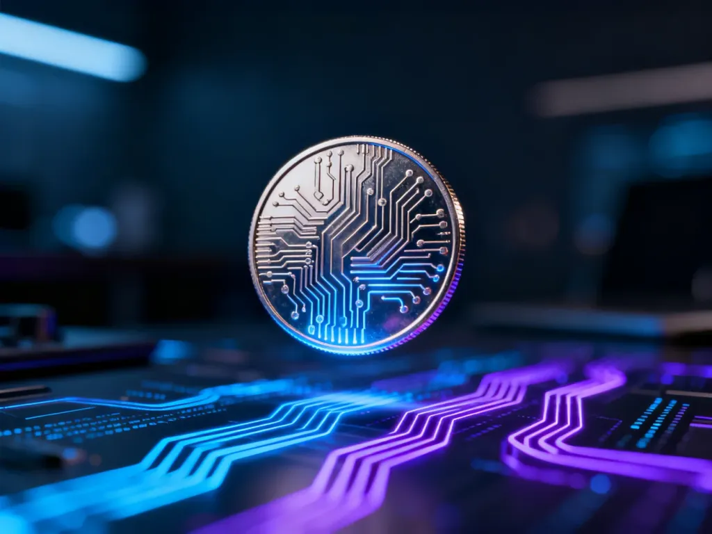 Świecąca cyfrowa moneta z motywem obwodów drukowanych na tle futurystycznych strumieni danych blockchain.